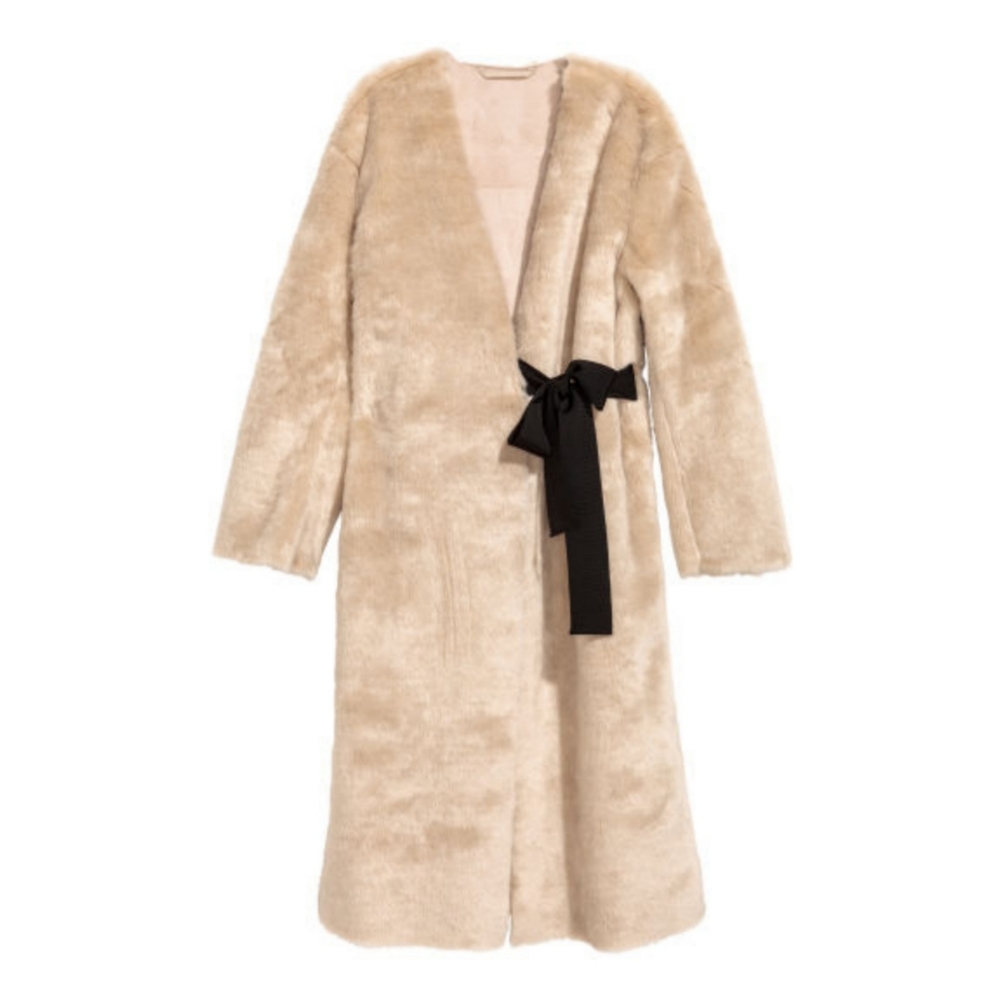 H&M Trendy Chic Wrap Faux Fur Suede Cream White Top Coat XS